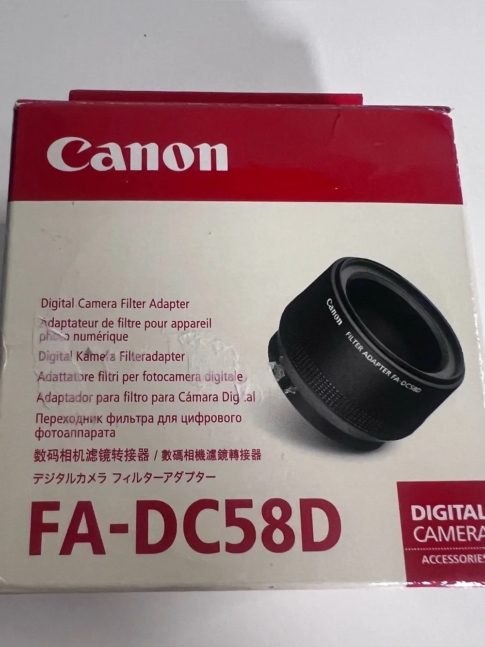 Canon FA-DC58D Filter Adapter in Black and Red Packaging